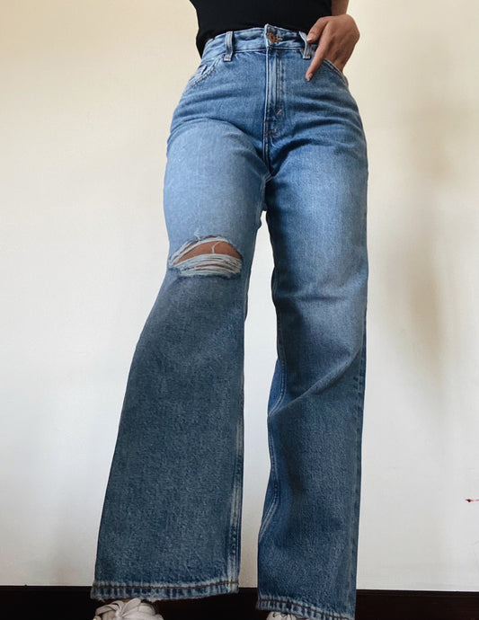 Monki Blue Wide Leg Ripped Jeans